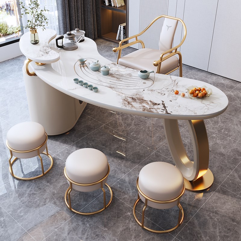现代简约岩板茶台大板高端家用办公泡茶一体桌创意弧形茶桌椅组合