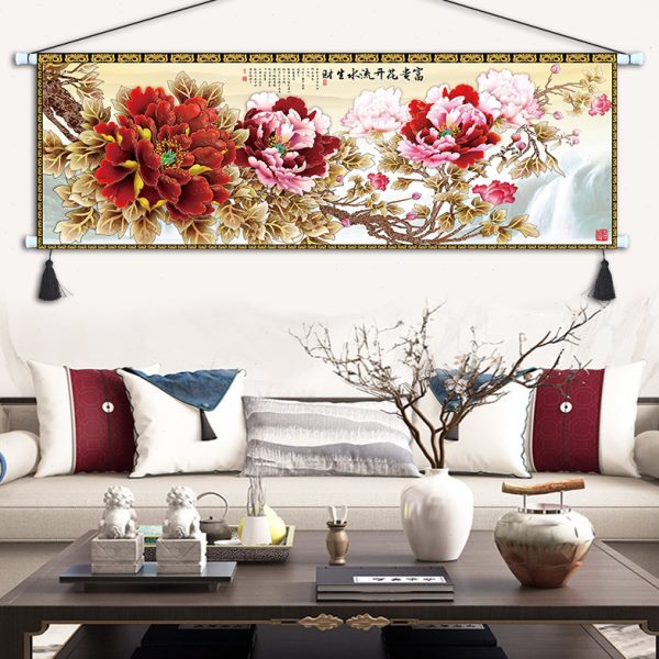 牡丹花客厅挂画布艺花开富贵挂毯沙发背景墙装饰画新中式横幅壁画图片