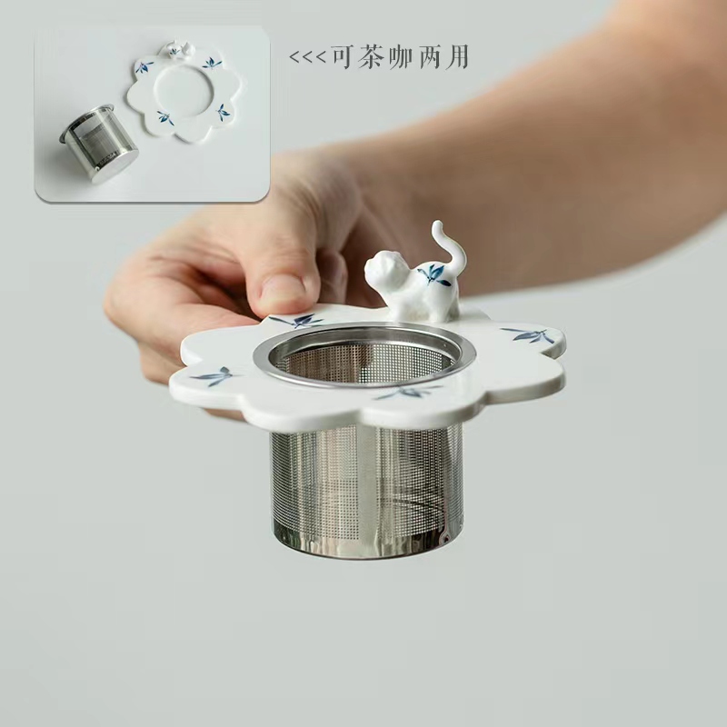 拓土304不锈钢茶漏器茶叶滤网器纯手绘蝴蝶兰花陶瓷创意小猫茶滤