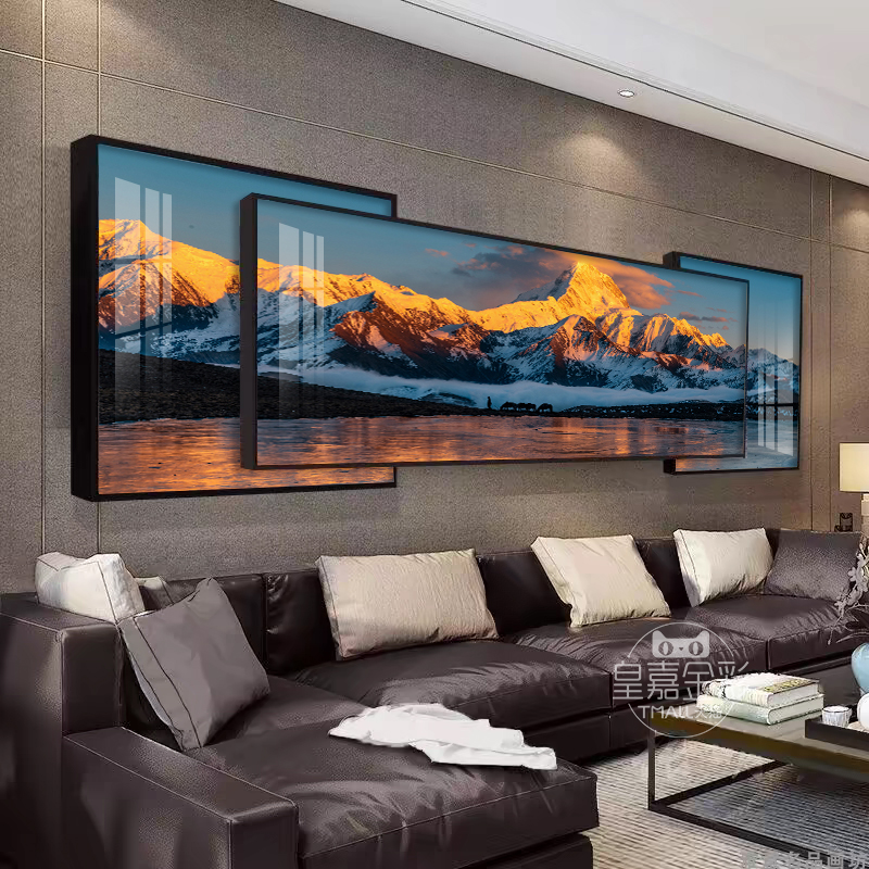 背有靠山客厅装饰画轻奢大气沙发背景墙挂画简约三联叠加山水壁画