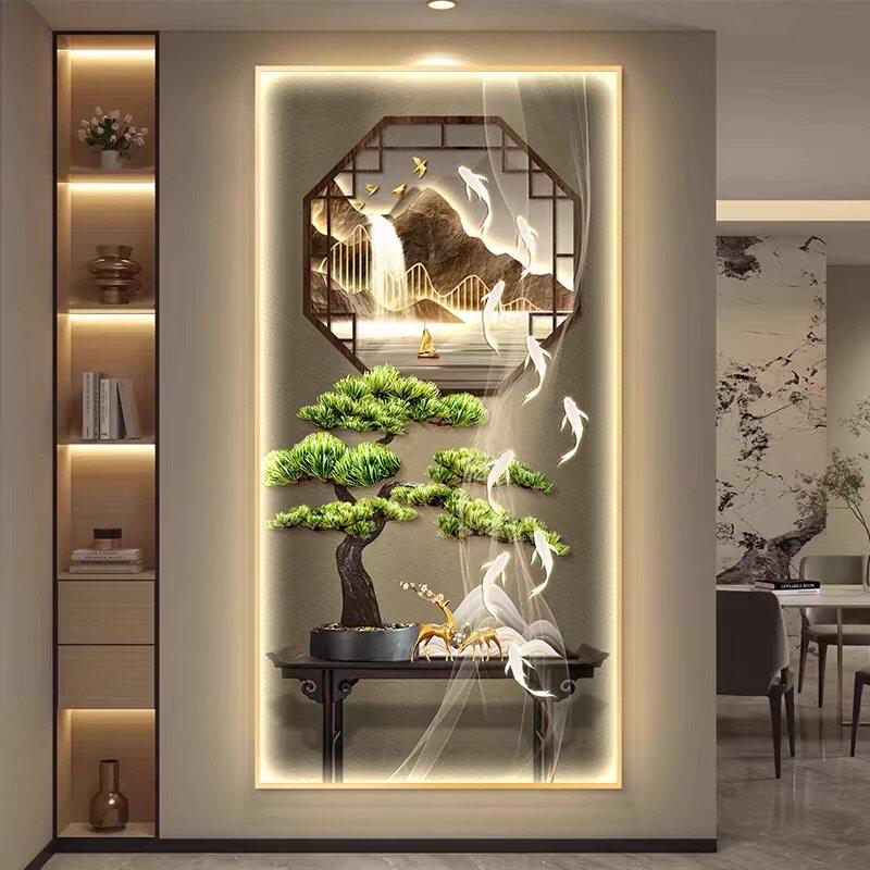 迎客松福禄九鱼高端入户玄关画新中式流水生财山水LED灯装饰壁画