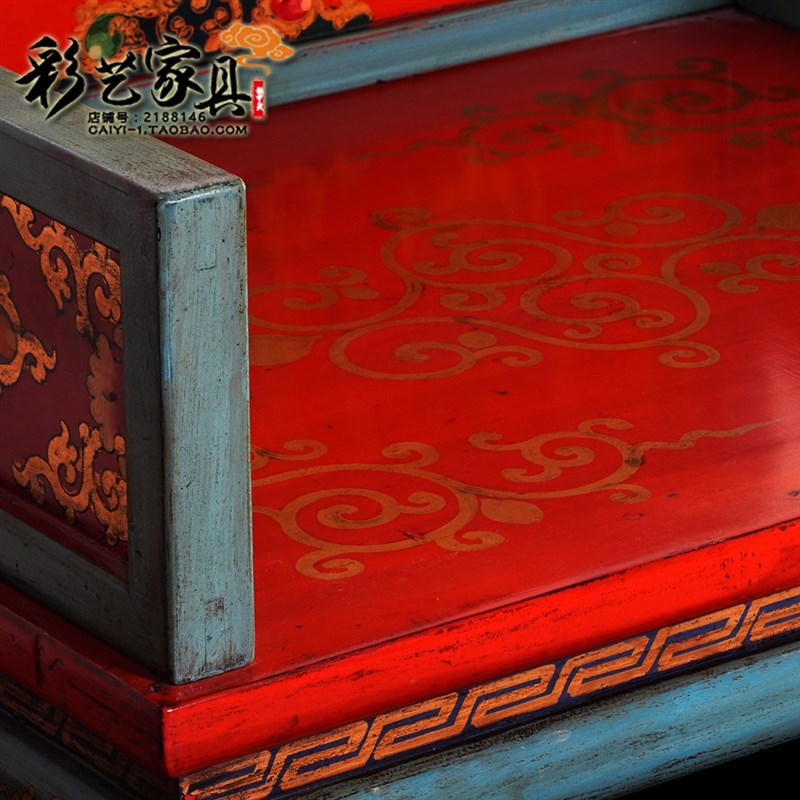 藏式风格实木主人椅手绘复古沙发椅带收纳椅子休闲椅仿古做旧家具