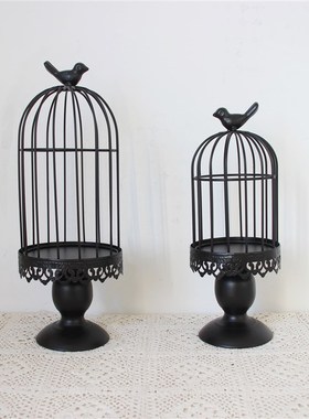 黑色婚庆摆件二铁艺鸟笼多肉花盆可放花盆可挂挂式烛台饰品装饰