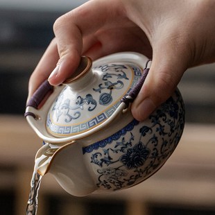 米黄汝窑带盖手抓壶单个家用泡茶青花珐L琅彩茶杯陶瓷功夫茶具