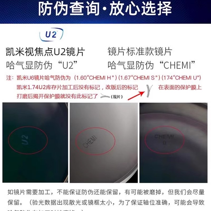 凯米U2超薄1.74U6金罡双非防蓝光1.67非球面近视定制丹阳镜片