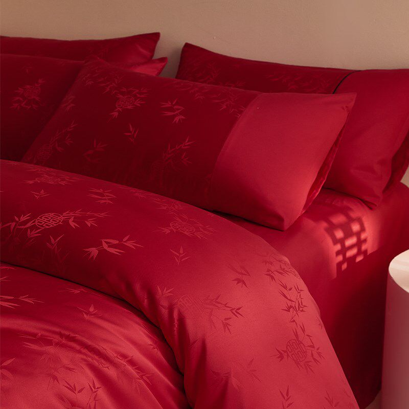 轻奢大红色结婚四件套婚庆床上用品非纯棉全棉高级感提花被套喜被