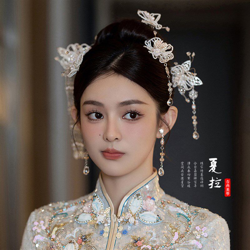 夏拉古装国风银色新中式新娘串珠花朵盘发头饰秀禾服婚礼配饰套装