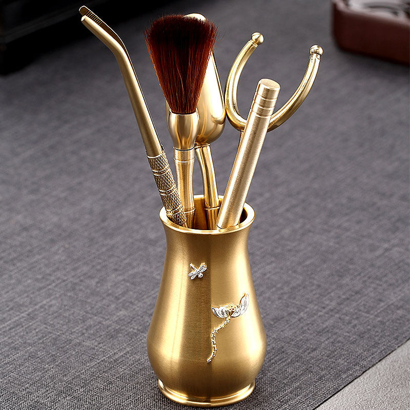 晨高纯铜茶道六君子功夫茶具配件铜质镶银茶刀夹子套装整套养壶笔