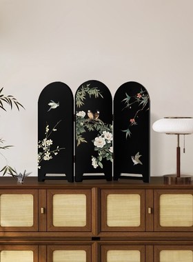 中古风花鸟装饰画法式电视柜摆件复古玄关柜边柜可折叠屏风小摆画