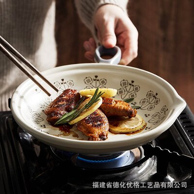 日式创意带把手单柄盘子烤箱焗饭烤盘家用明火加热陶瓷平底锅煎锅