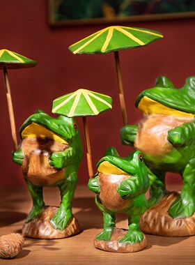 东南亚风全实木青蛙打伞桌面摆件玄关电视柜M办公室装饰品客厅创