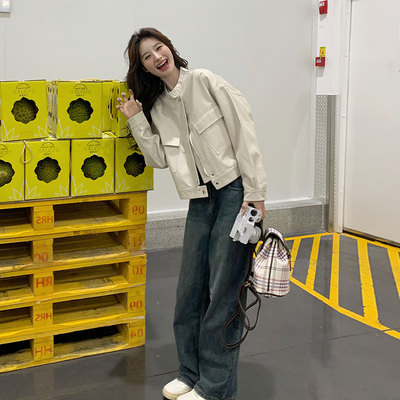 白色PU皮衣外套女短款202