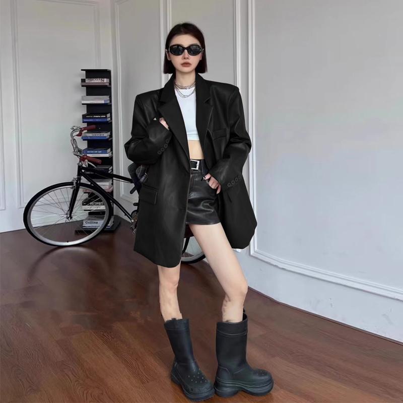 高级感中长版宽松休闲 垫肩水洗PU皮机车夹克皮衣西装外套女春秋