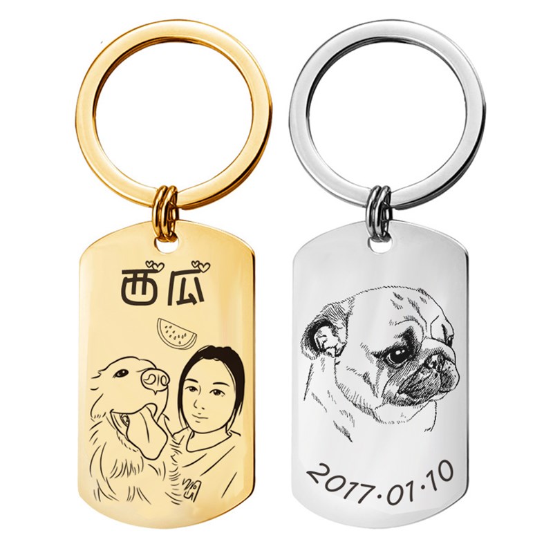 diy刻字定制照片方形钛钢钥匙扣挂件吊坠宠物猫狗狗头像纪念礼物