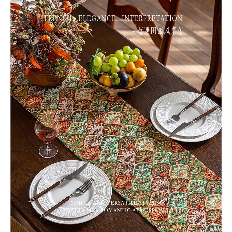 美式复古杏叶提花流苏桌旗田园风高级感轻奢长条斗柜茶几装饰盖布