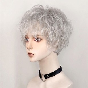 白色假发男士男生短发羊毛卷银灰色正太头套cos万用少年感全头套