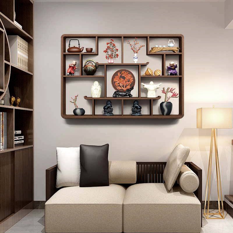 实木新中式博古架挂墙式置物架收纳架壁挂式小摆件茶饼架书架禅意