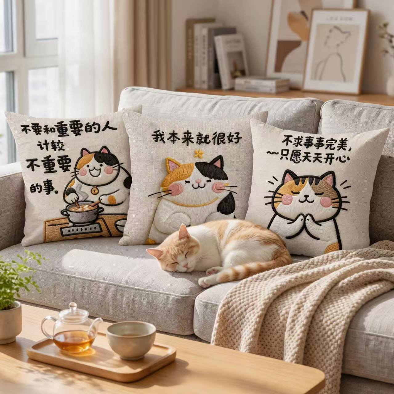 正能量抱枕可爱猫咪靠枕猫猫哲学文字印花沙发靠垫好命治愈枕套