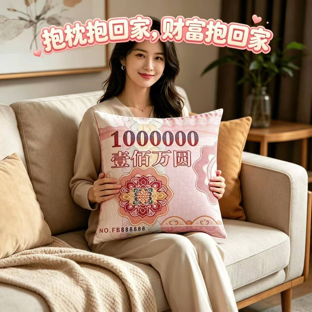 百万抱枕短毛绒靠垫沙发家居靠枕一百万元保险公司礼品方形钱腰枕
