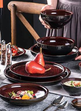 创意复古窑变天目红色陶瓷餐具饭碗面碗汤碗盘子菜盘餐盘小碟子