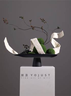 尧与新中国风易达奢华苔藓模拟花艺组合黑色水果盘摆件茶室桌面花