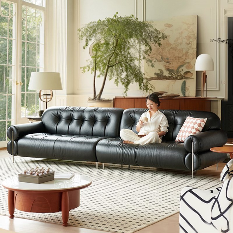 法式复古真皮黑糖云沙发中古风黑色头层牛皮客厅高端直Y排云朵沙