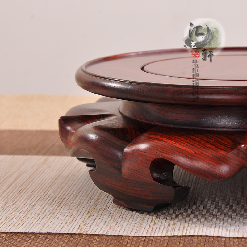 实木圆形红酸枝镂空 茶壶摆件 香炉盆景建盏O玉石摆件莲花底座托