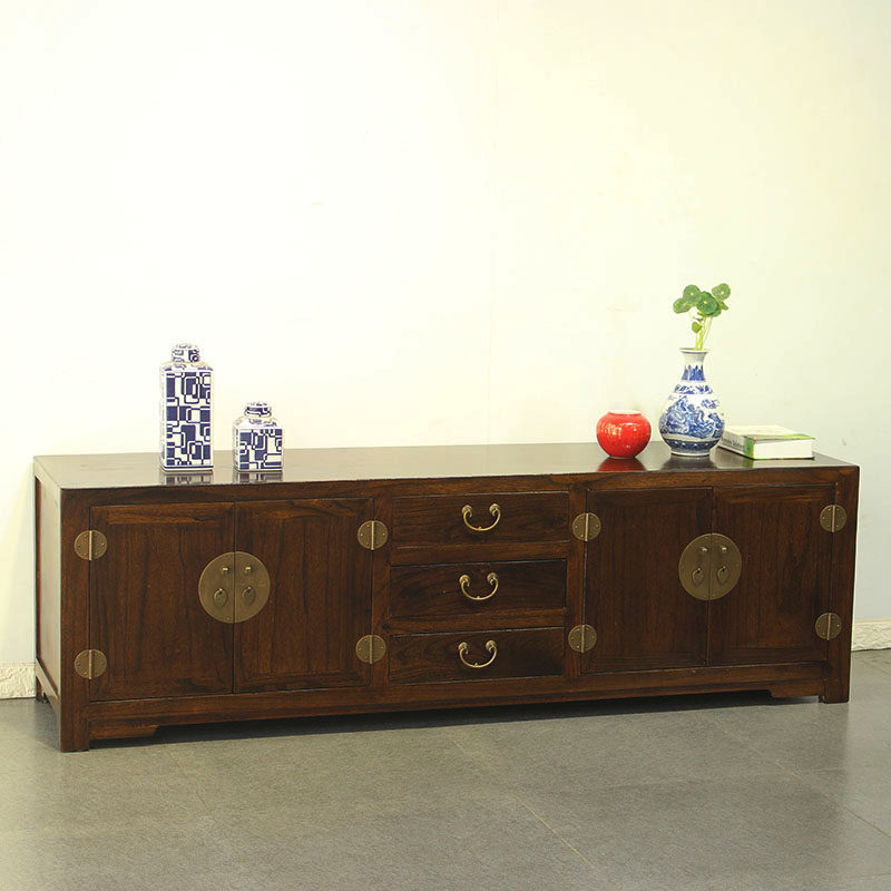 新中式实木电视柜新古典复古榫卯地柜房厅落地视听柜榆木储物矮柜