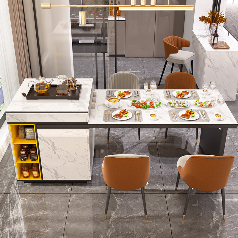 轻奢岩板伸缩岛台餐桌一体家用开放式厨房客餐厅中岛台多功能吧台