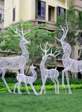 不锈钢发光镂空梅花鹿雕塑户外园林售楼处草坪景观鹿装饰组合摆件