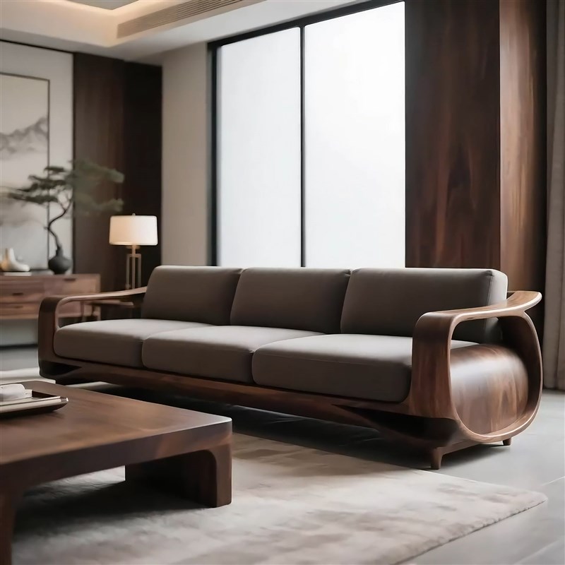 北美黑胡桃木沙发三人位直排全实木宋氏美学N布艺客厅简约中式家