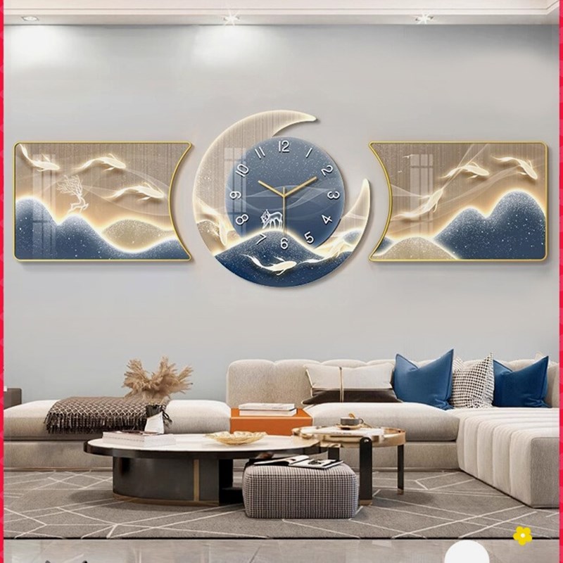 客厅装饰画沙发背景墙挂画2023新款九鱼L图挂钟壁画三联画钟表壁