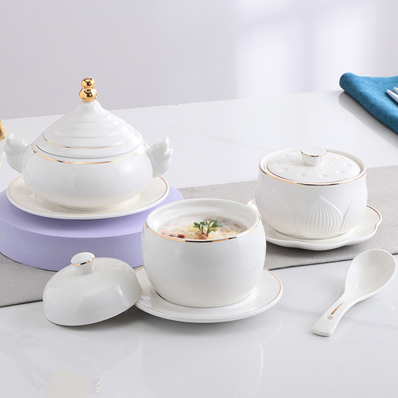 陶瓷燕窝炖盅隔水炖家q用金边酒店带盖餐具甜品蒸蛋汤煲小炖盅商