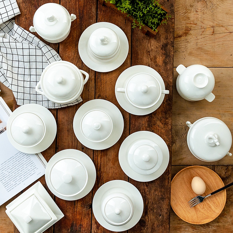 纯白骨瓷汤盅家用陶瓷酒店双盖内B胆隔水炖燕窝碗小号汤煲炖罐炖