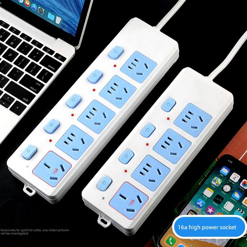 大功率分控4000W插座16A大插孔独立开关空调U专用带线接线板