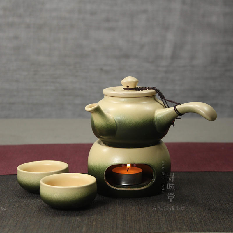 竹青古陶煮茶壶侧把壶+底炉 日式粗陶蜡烛暖茶炉陶瓷功夫茶具