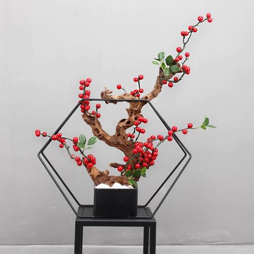 新中式仿真盆景花艺橙色软装空间项目桌面博古架摆件铁艺盆栽枯木