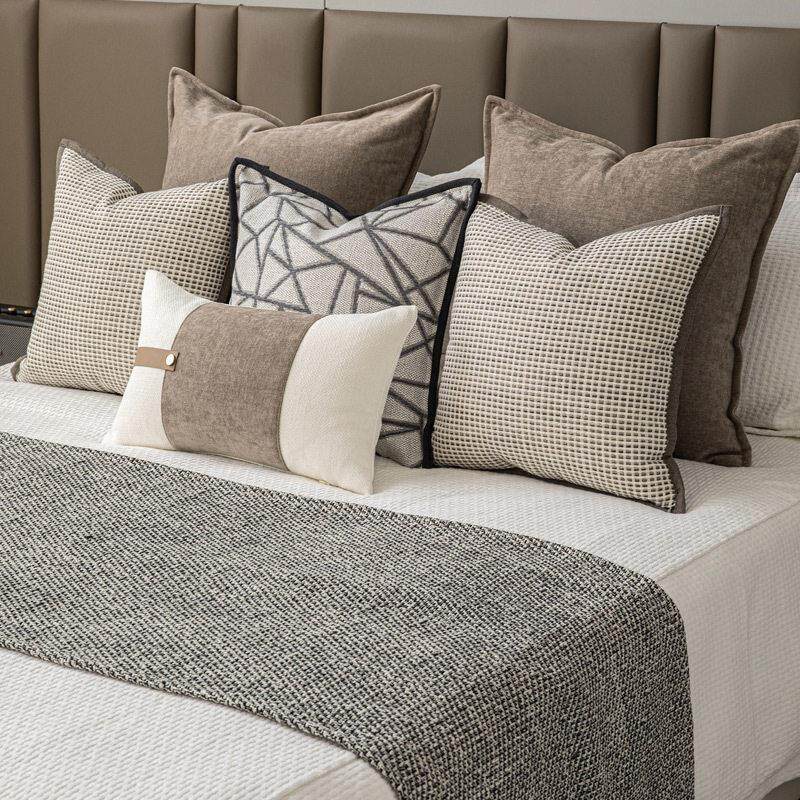 新中式卧室软装床品套件米咖色棉麻搭毯床尾巾床头靠枕民宿