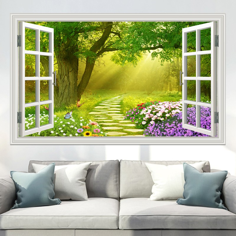 假窗户画3d立体墙贴画自然风景客厅宿舍公寓装饰S自粘墙纸墙画壁