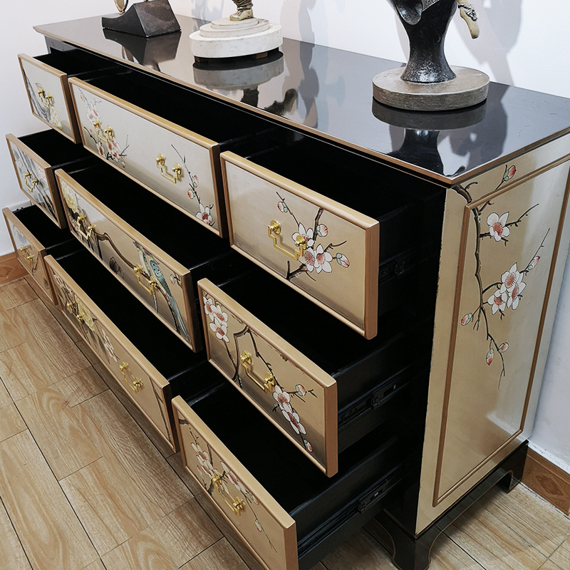 新中式五斗柜e 实木简约现代收纳柜子卧室 彩绘储物柜客厅九抽屉