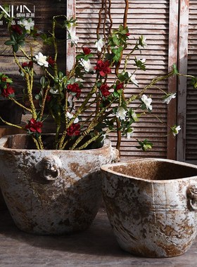 狮头陶瓷仿古大缸粗陶复古手工圆坛水缸花盆鱼缸落地Y摆件庭院园