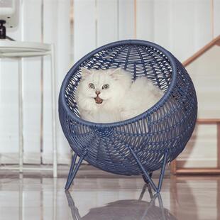 新款蓝色猫窝四季通用舒适半封闭式可拆洗多功能猫窝狗窝仿藤编