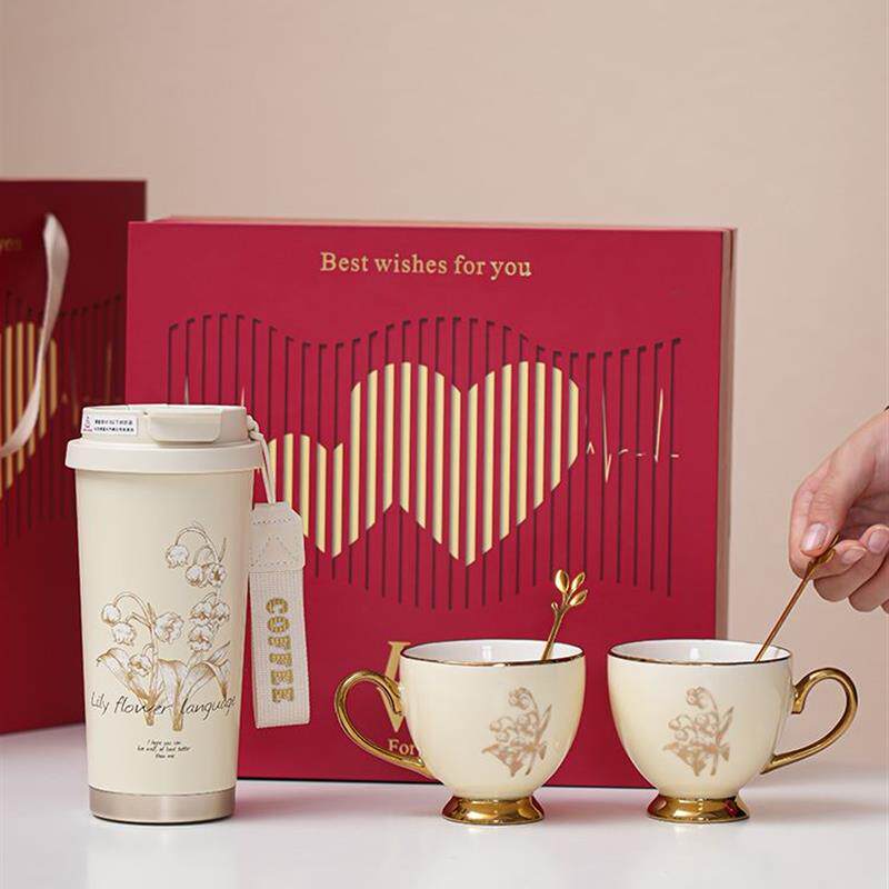 生日礼物送女生铃兰花保温咖啡杯套装闺蜜周年纪念日水杯轻奢高级