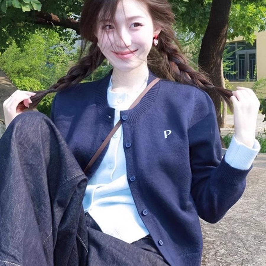 藏青假两件正肩长袖针织开衫女秋季秋冬季高级感撞色毛衣外套上衣