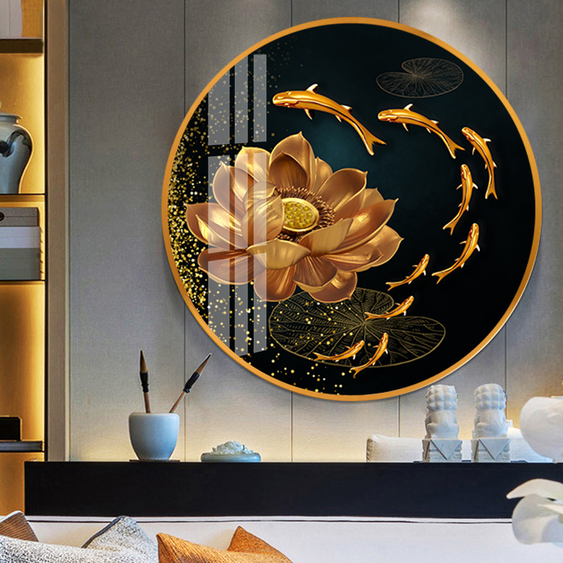 新中式客厅九鱼图圆形装饰画玄关过道走廊挂画餐厅U卧室创意墙壁图片