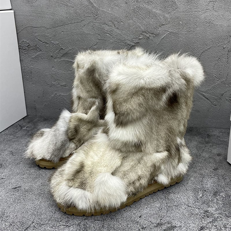 冬季毛毛靴子新款k套筒狐狸毛平底皮毛一体长筒户外保暖雪地靴短