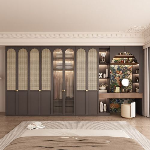 法式复古风实木藤编门大衣柜带梳妆台一体家用中古衣橱衣帽间定制