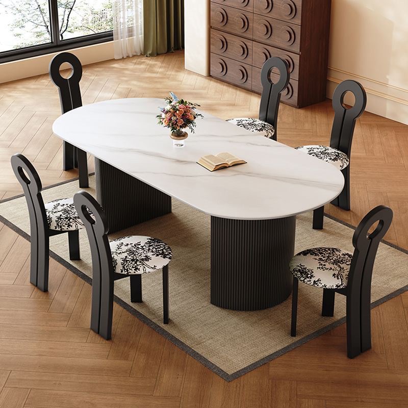 法式中古风岩板餐桌椅组合高x级简约椭圆形轻奢家用小户型黑色复