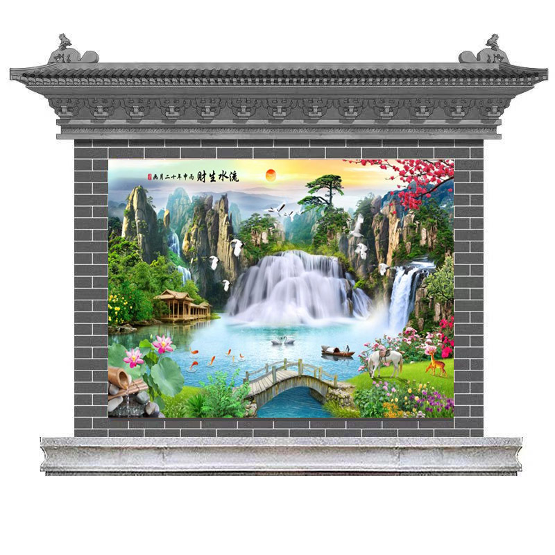 中式户外瓷砖背景墙农村房子大门影背墙风景山水画照Y壁流水生财