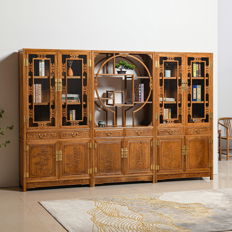 红木家具鸡翅木书柜三组合带门玻璃D门新中式实木仿古原木书房书